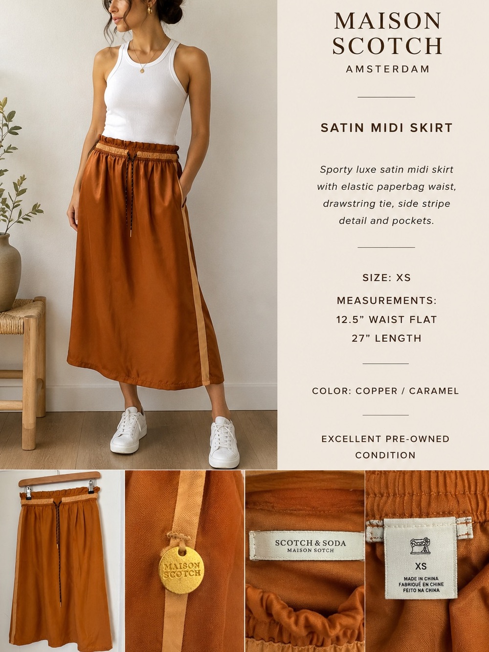 Scotch & Soda Copper/Caramel Satin Midi Skirt XS